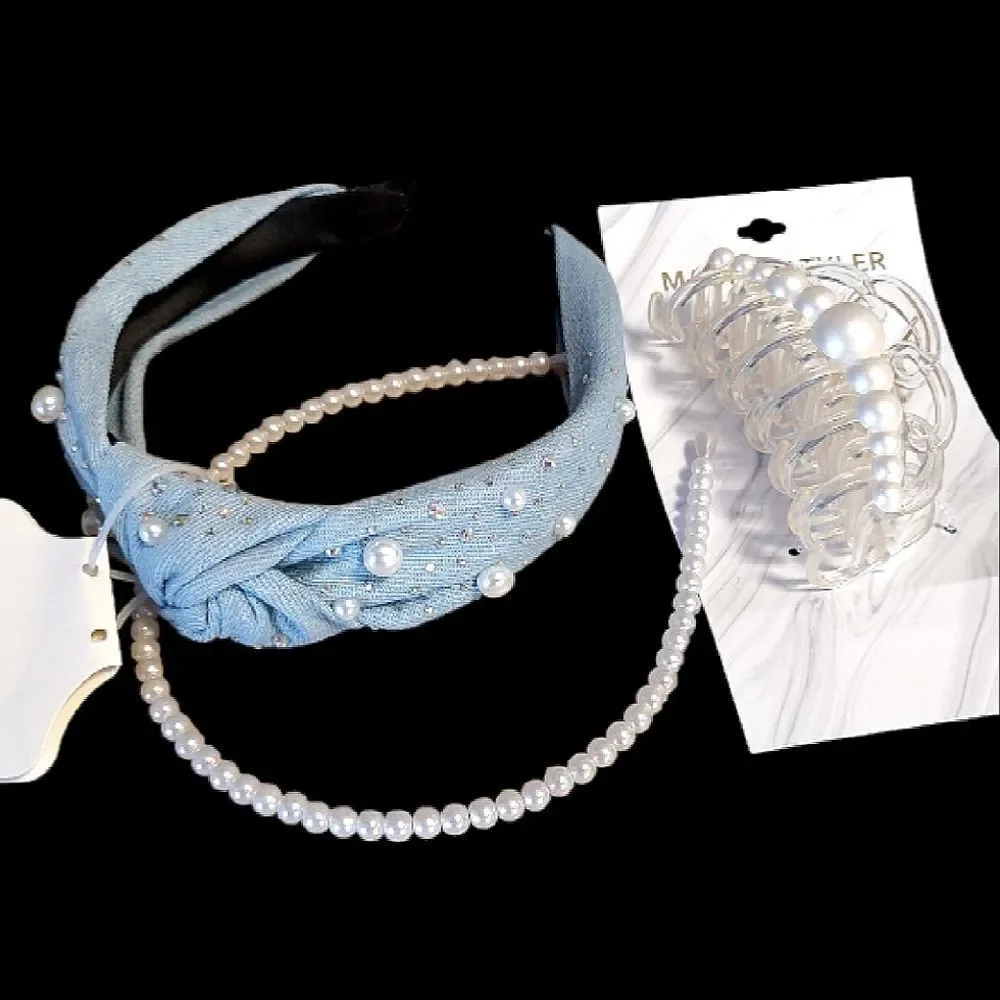 Embellished Pearl Denim Headbands Clip Hair Accessories Lot OF 3 NWT